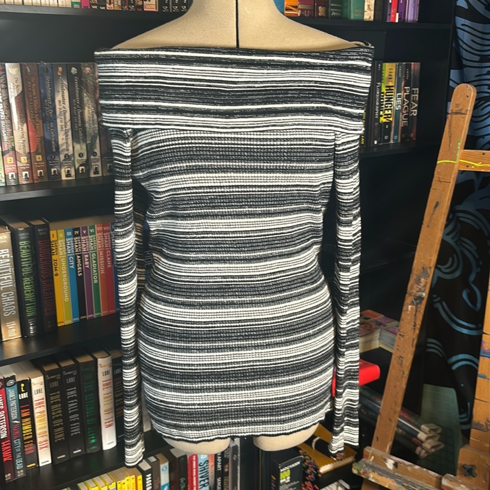 Candie’s Black And White Horizantally Striped Off The Shoulder Sweater
